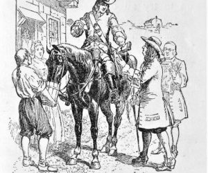 United States Postal Service, using horses, started in 1700. Illustration published in The New Eclectic History of the United States by M. E. Thalheimer (American Book Company; New York, Cincinnati, and Chicago) in 1881 and 1890. Copyright expired; artwork is in Public Domain.